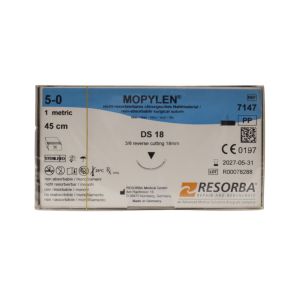 Resorba Mopylen 5/0 Sutures: 3/8 Circle Reverse Cutting, 45 cm, 18 mm, Blue