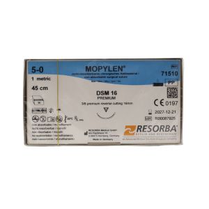 Resorba Mopylen 5/0 Sutures: 3/8 Circle Premium Reverse Cutting, 45 cm, 16 mm, Blue