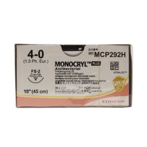 Ethicon Monocryl 4/0 Plus Antibactrial Sutures: 3/8 Circle Reverse Cutting, 45 cm, 19 mm, Undyed