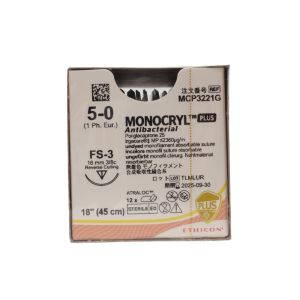 Ethicon Monocryl Plus 5/0 Sutures: 3/8 Circle Reverse Cutting, 45 cm, 16 mm, Undyed