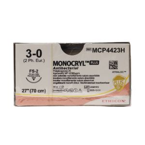 Ethicon Monocryl 3/0 Antibacterial Sutures: 3/8 Circle Reverse Cutting, 70 cm, 19 mm, Undyed