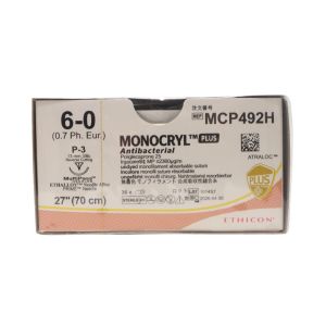 Ethicon Monocryl Plus 6/0 Sutures: 3/8 Circle Reverse Cutting, 70 cm, 13 mm, Undyed