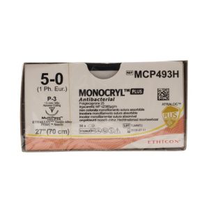 Ethicon Monocryl Plus 5/0 Sutures: 3/8 Circle Reverse Cutting, 70 cm, 13 mm, Undyed