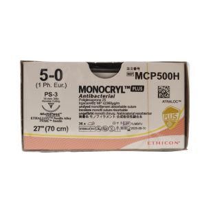 Ethicon Monocryl Plus 5/0 Antibacterial Sutures: 3/8 Circle Reverse Cutting, 70cm, 16 mm, Undyed