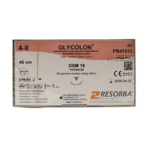 Resorba Glycolon 4/0 Sutures: 3/8 Premium Reverse Cutting, 45 cm, 18 mm, Undyed 