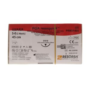 Resorba PGA Resoquick 5/0 Sutures: 3/8 Circle Reverse Cutting, 45 cm, 18 mm, Undyed