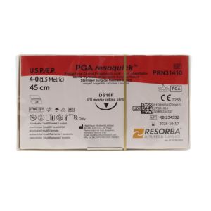 Resorba PGA Resoquick 4/0 Sutures: 3/8 Circle Reverse Cutting, 45 cm, 18 mm, Undyed