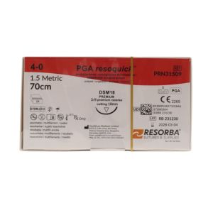 Resorba PGA Resoquick 4/0 Sutures: 3/8 Circle Premium Reverse Cutting, 70 cm, 18 mm, Undyed