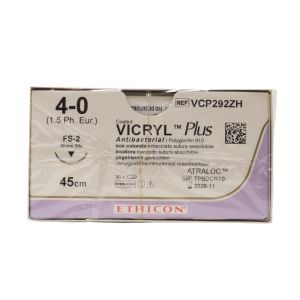 Ethicon Vicryl Plus 4/0 Sutures: 3/8 Circle Reverse Cutting, 45 cm, 19 mm, Undyed