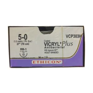 Ethicon Vicryl Plus 5/0 Sutures: 1/2 Circle Taper Cut, 70 cm, 17 mm, Violet 