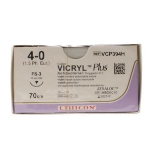 Ethicon Vicryl Plus 4/0 Sutures: 3/8 Circle Conventional Cutting, 75 cm, 16 mm, Violet