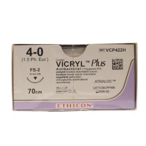 Ethicon Vicryl Plus 4/0 Sutures: 3/8 Circle Reverse Cutting, 70 cm, 19 mm, Undyed