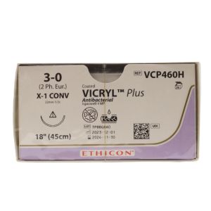 Ethicon Vicryl Plus 3/0 Sutures: 1/2 Circle Conventional Cutting, 45 cm, 22 mm, Violet