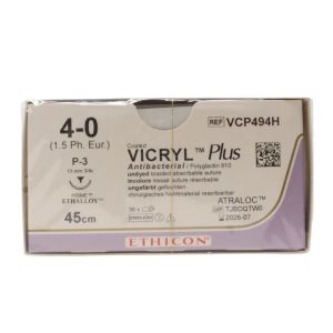 Ethicon Vicryl Plus 4/0 Sutures: 3/8 Circle Reverse Cutting, 45 cm, 13 mm, Undyed