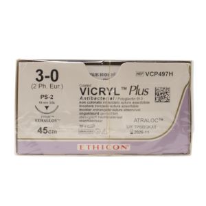 Ethicon Vicryl Plus 3/0 Sutures: 3/8 Circle Reverse Cutting, 45 cm, 19 mm, Undyed