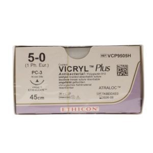 Ethicon Vicryl Plus 5/0 Sutures:  3/8 Circle Conventional Cutting, 45 cm, 16 mm, Undyed