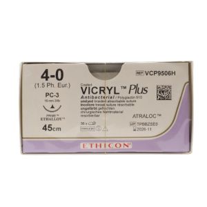 Ethicon Vicryl Plus 4/0 Sutures: 3/8 Circle Conventional Cutting, 45 cm, 16 mm, Undyed