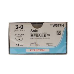 3/0 22mm Ethicon Mersilk Sutures, Black, 1/2 Conv Cut, pk 36. Ref: W577H