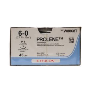  Ethicon Prolene 6/0 Sutures: 3/8 Circle Reverse Cutting, 45 cm, 11 mm, Blue