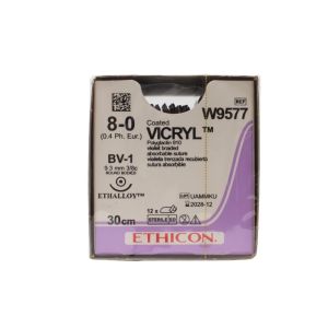 Ethicon Vicryl 8/0 Sutures: 3/8 Circle Round Bodied, 30 cm, 9.3 mm, Violet