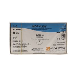 Resorba Mopylen 6/0 Sutures: 3/8 Circle Premium Reverse Cutting, 45 cm, 16 mm, Blue