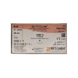 Resorba Glycolon 6/0 Sutures: 3/8 Circle Premium Reverse Cutting, 45 cm, 13 mm, Undyed